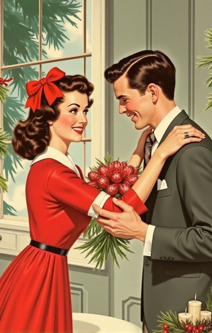 X-1950s,  A card illustrating the love between couples,  the love of young spouses during their first Christmas. It showca...