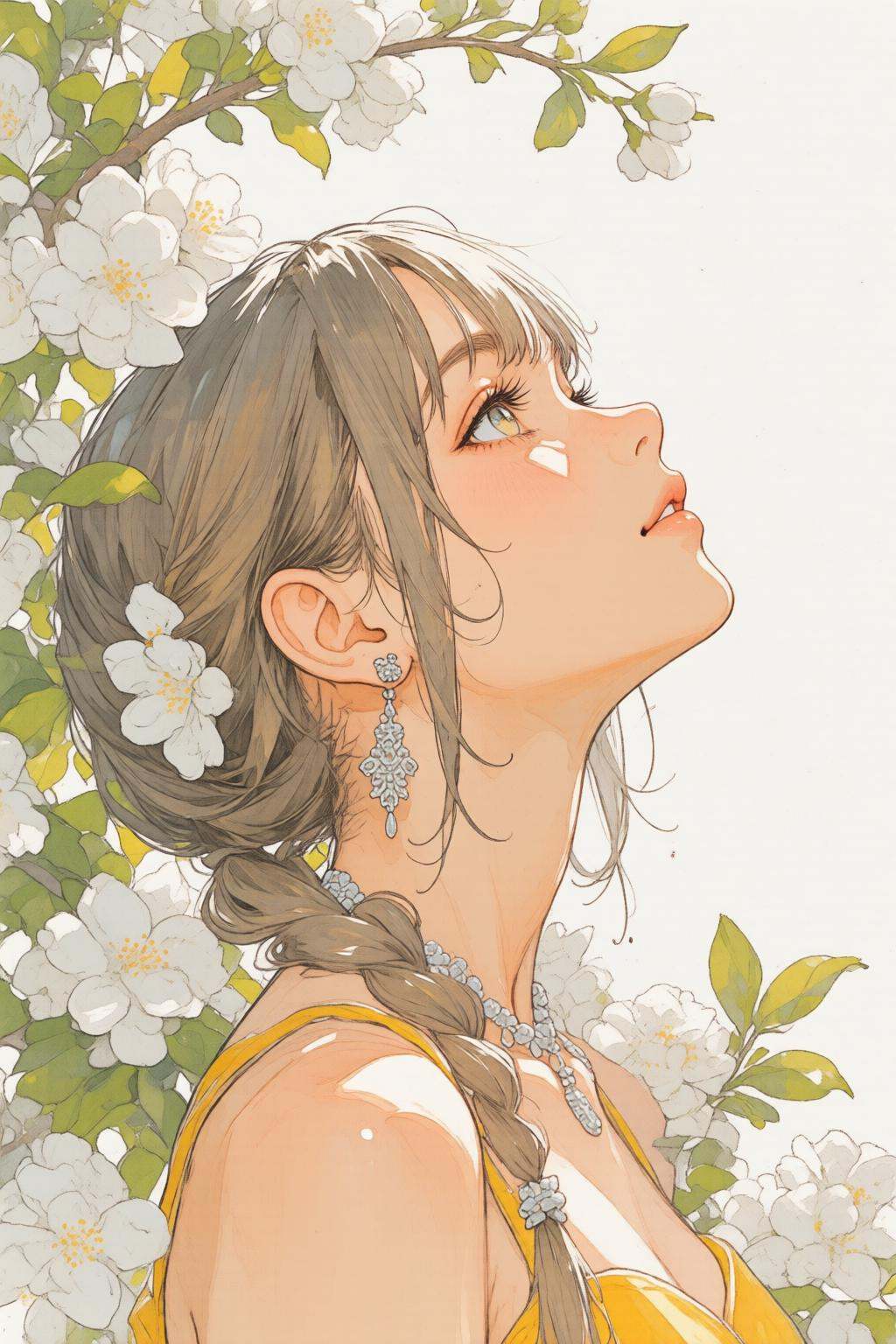nijiwatercolor1q anime illustration.A young woman with light brown hair styled in a braid,  adorned with white and yellow...