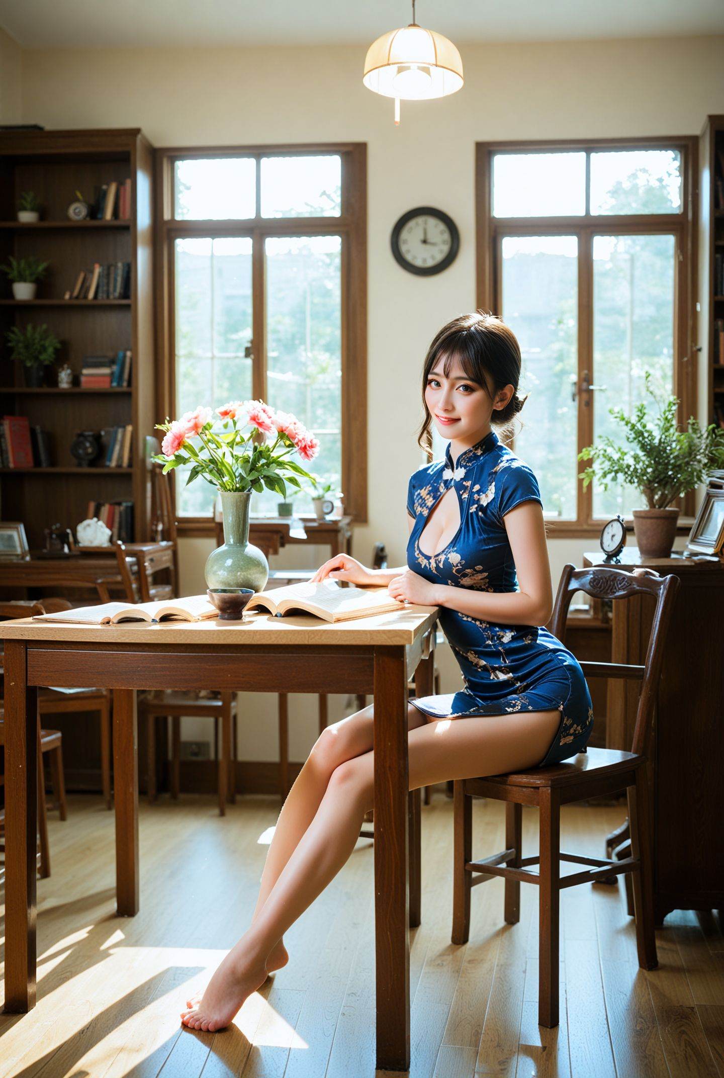 (score_9,score_8_up,score_7_up,score_6),sexhanfuqipao,qipao,simple,(blurry background:1.1),blurry,(blurry foreground:1.1),chinese,1girl,cleavage cutout,looking at viewer,light smile,gufenghuanjing,book,plant,chair,indoors,bookshelf,window,lamp,shelf,solo,potted plant,table,black hair,lattice,sunlight,book stack,loaded interior,desk,sitting,wooden floor,day,clock,light,globe,cup,flower,shadow,jar,paper,library,ladder,profile,wooden chair,vase,open book,flower pot,architecture,