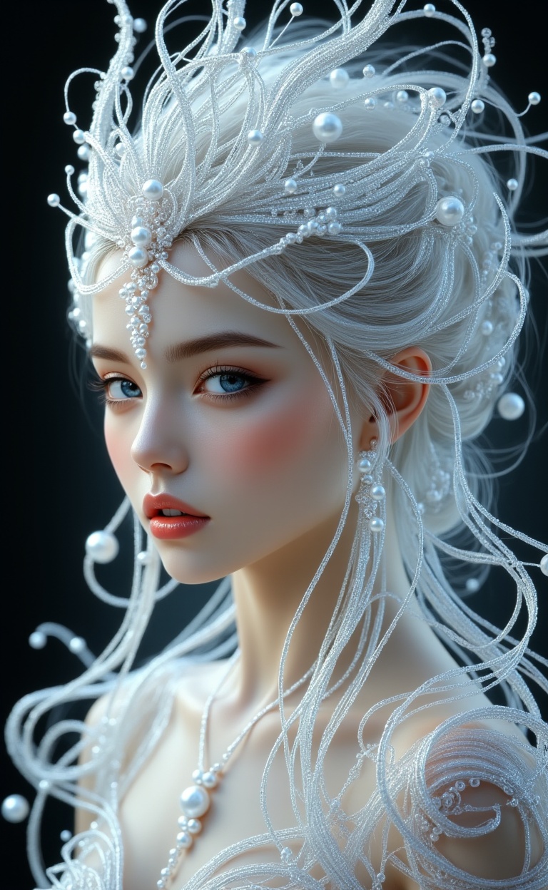 miluo_bx, This is a highly detailed, realistic CGI rendering of a fantastical, ethereal woman. She has a fair complexion with a smooth, flawless texture, and her piercing blue eyes are captivating. Her full lips are painted a soft, natural pink. The woman's head is adorned with a stunning, intricate headdress made of delicate, silver threads and pearls, giving her an otherworldly, regal appearance. The strands of her hair blend seamlessly with the headdress, creating a mesmerizing, shimmering effect. The background is a dark, blurred gradient, ensuring that the focus remains on the subject. The overall aesthetic is a blend of fantasy and elegance, with a sense of mystique and grace.<lora:米洛-冰雪奇缘-flux-12.7:1>
