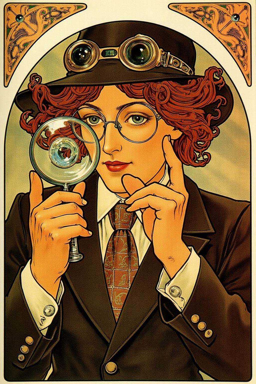 mucha1 Art Nouveau illustrationPortrait of a female detective scowling into a magnifying glass. The glass is crystal clear...