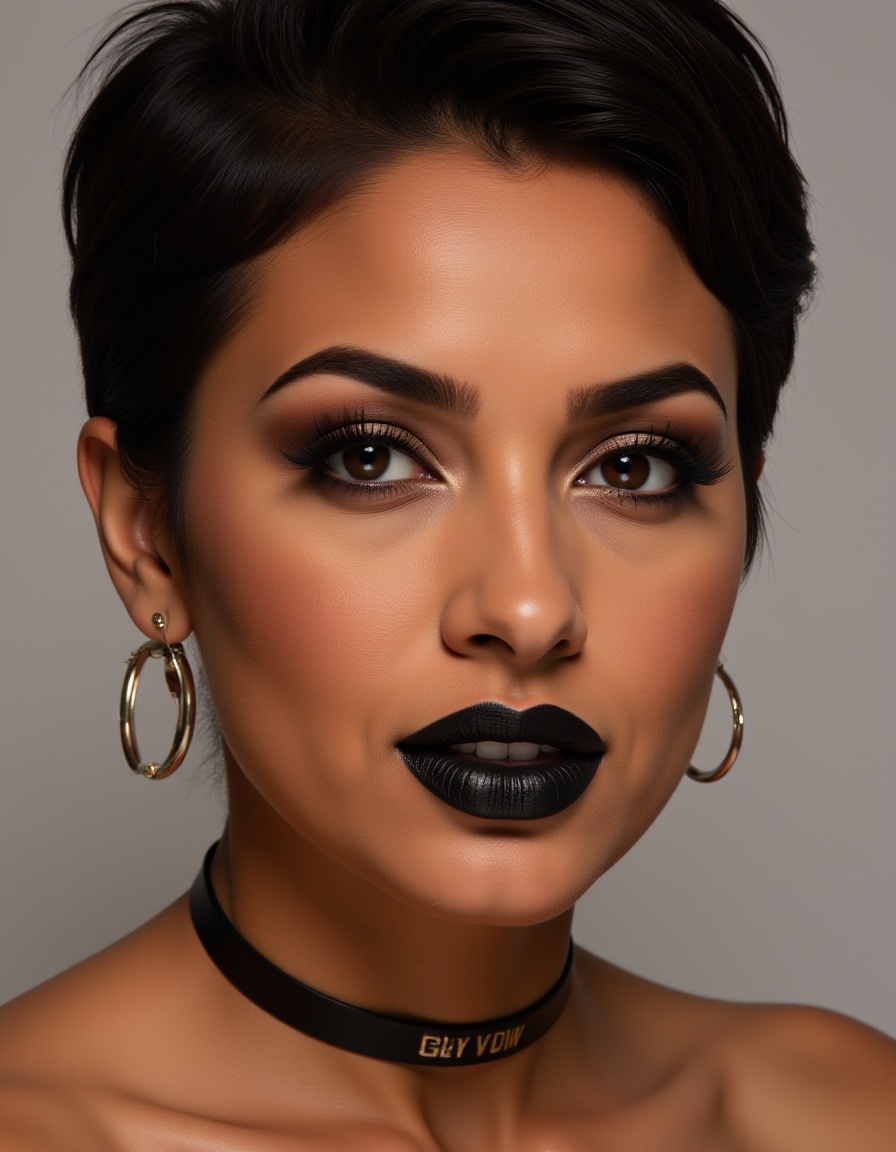 This photograph features a close-up portrait of a woman,  with a striking,  dramatic makeup look. The subject is a hispani...