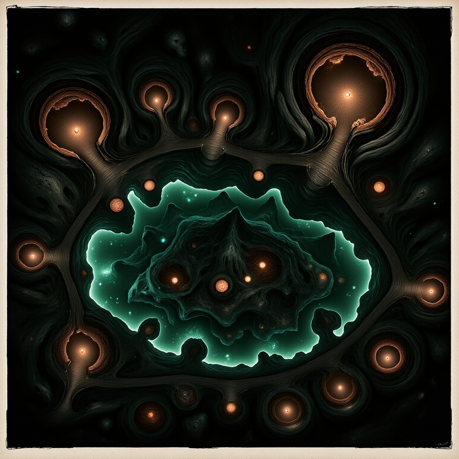 A hand-drawn fantasy map of a shadowy underground cavern system with glowing fungi,  winding tunnels,  rope bridges on Ten...