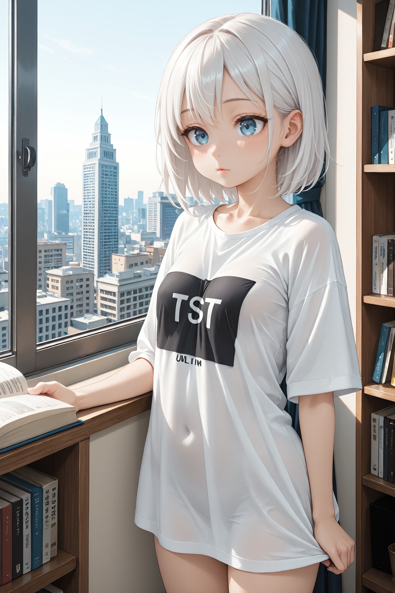cute lady reading a book in an apartment of a high building,  dressed in an oversized T-shirt,  a big window that allows t...