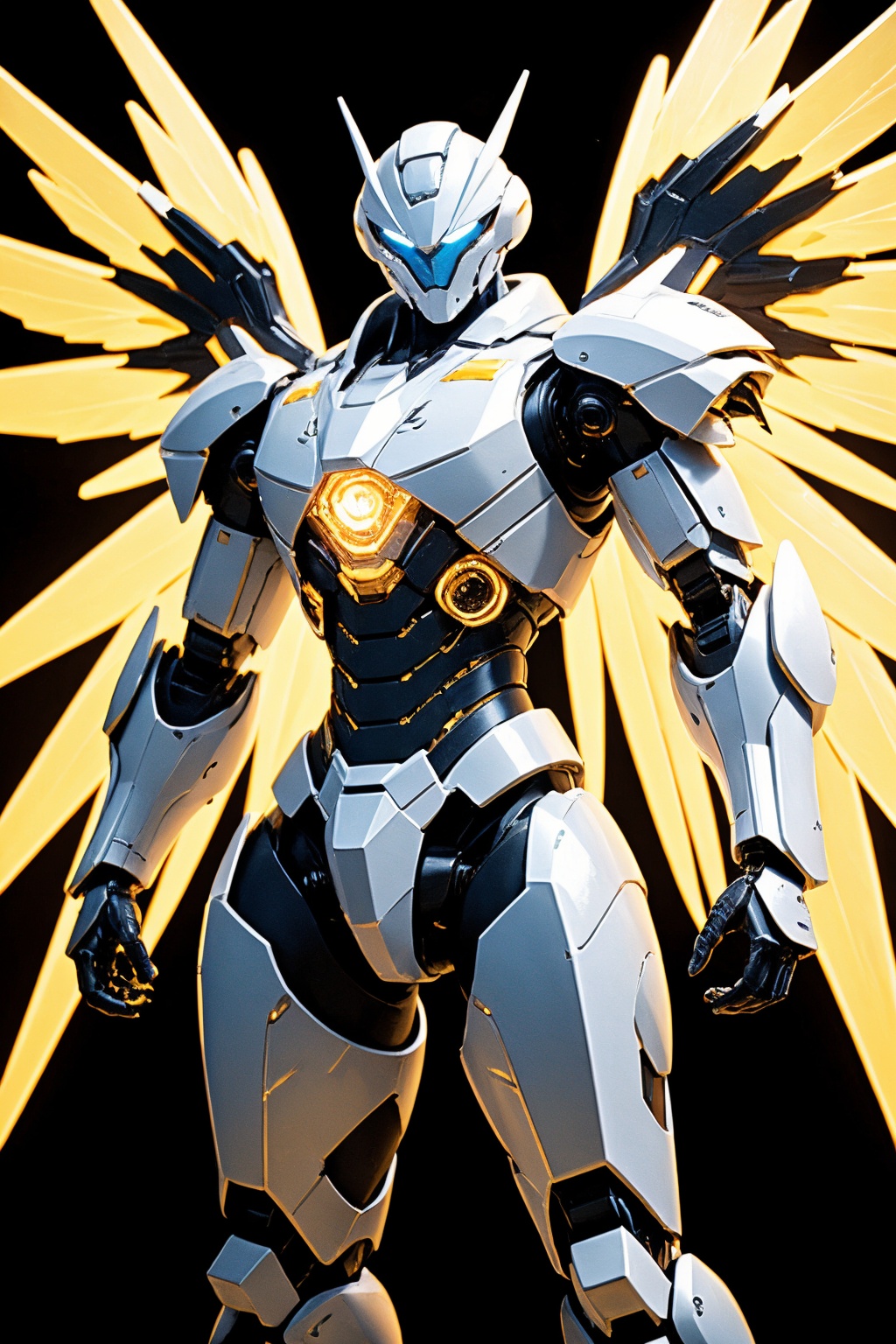 AgainMixCyberLora_v2, robot, mecha, wings, no humans, solo, glowing, science fiction, open hands, glowing eyes, blue eyes, mechanical wings, looking at viewer, standing, embers