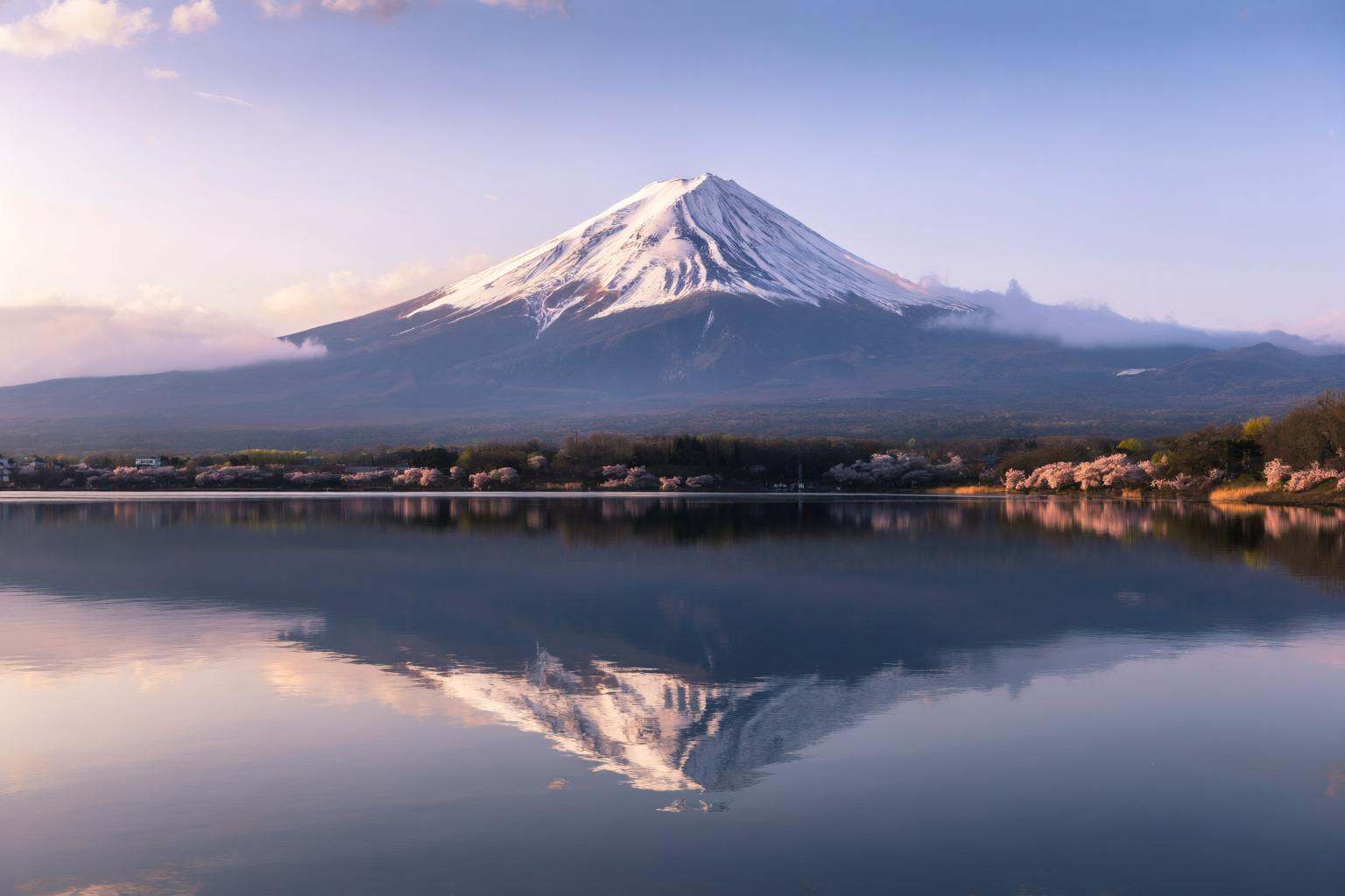 aurelmanea2q photography. A classically composed and serene landscape view of Mount Fuji in Japan,  reflected in the still...