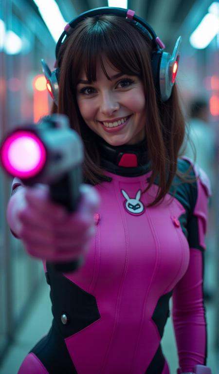 Portrait of Dva. She wears a science fiction body suit and is aiming a lasergun to the viewer,  cute smile,  in a cyberpun...