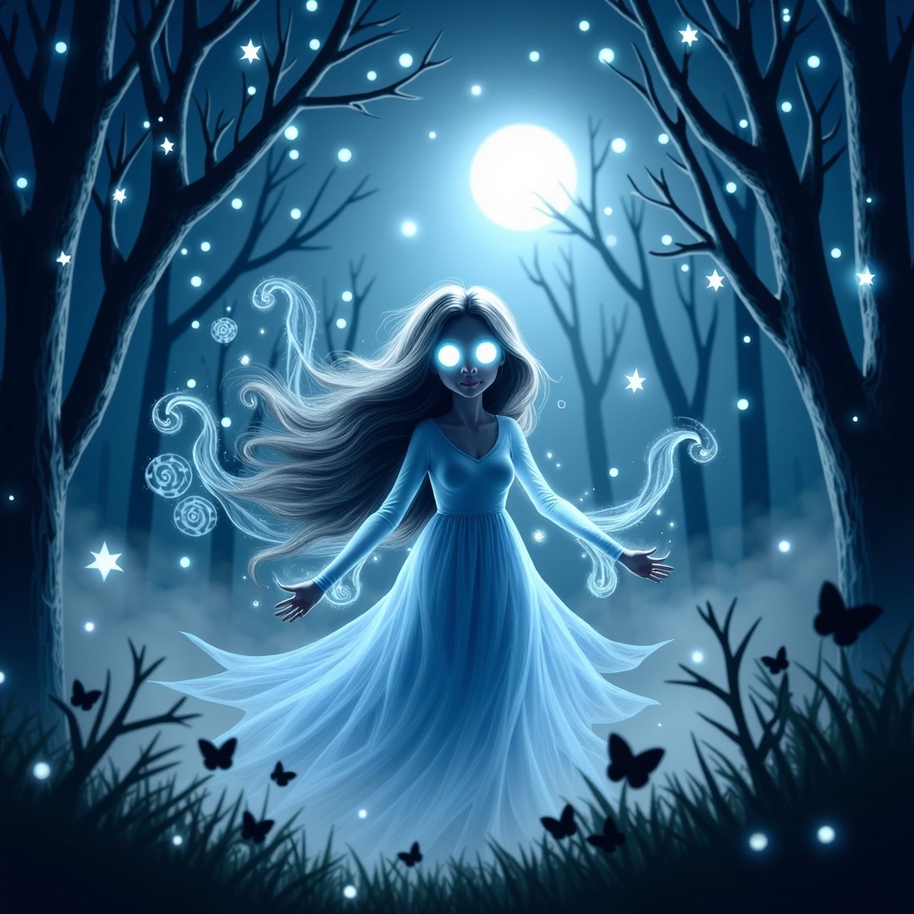 HalloweenGlowStyle Fantasy illustration of a playful ghost in a moonlit forest,  blue and silver tones,  whimsical atmosph...