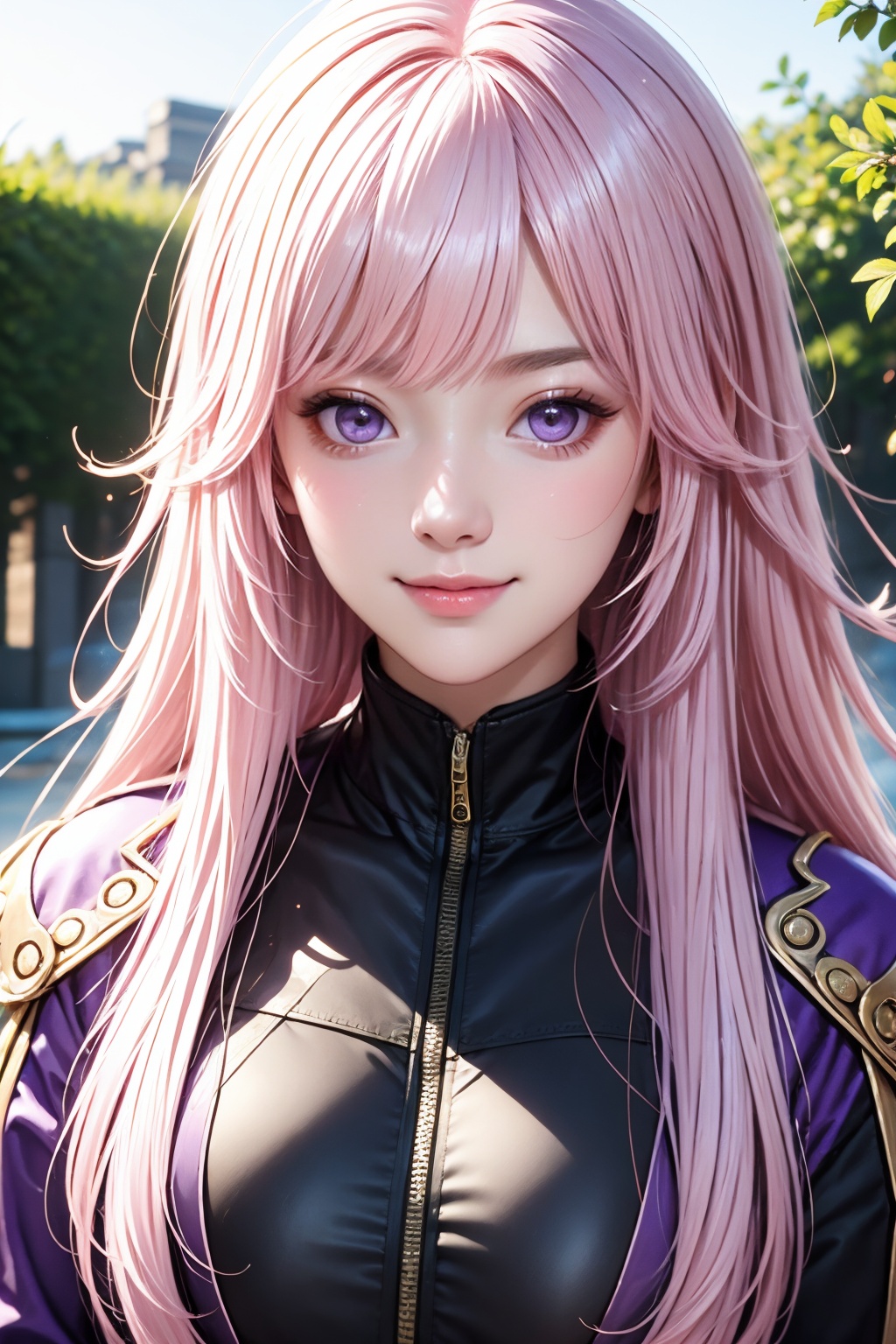 thin, slim, beautiful girl, light pink hair, white skin, purple eyes, jacket, messy hair, upper body, close up, smirk, outdoors,