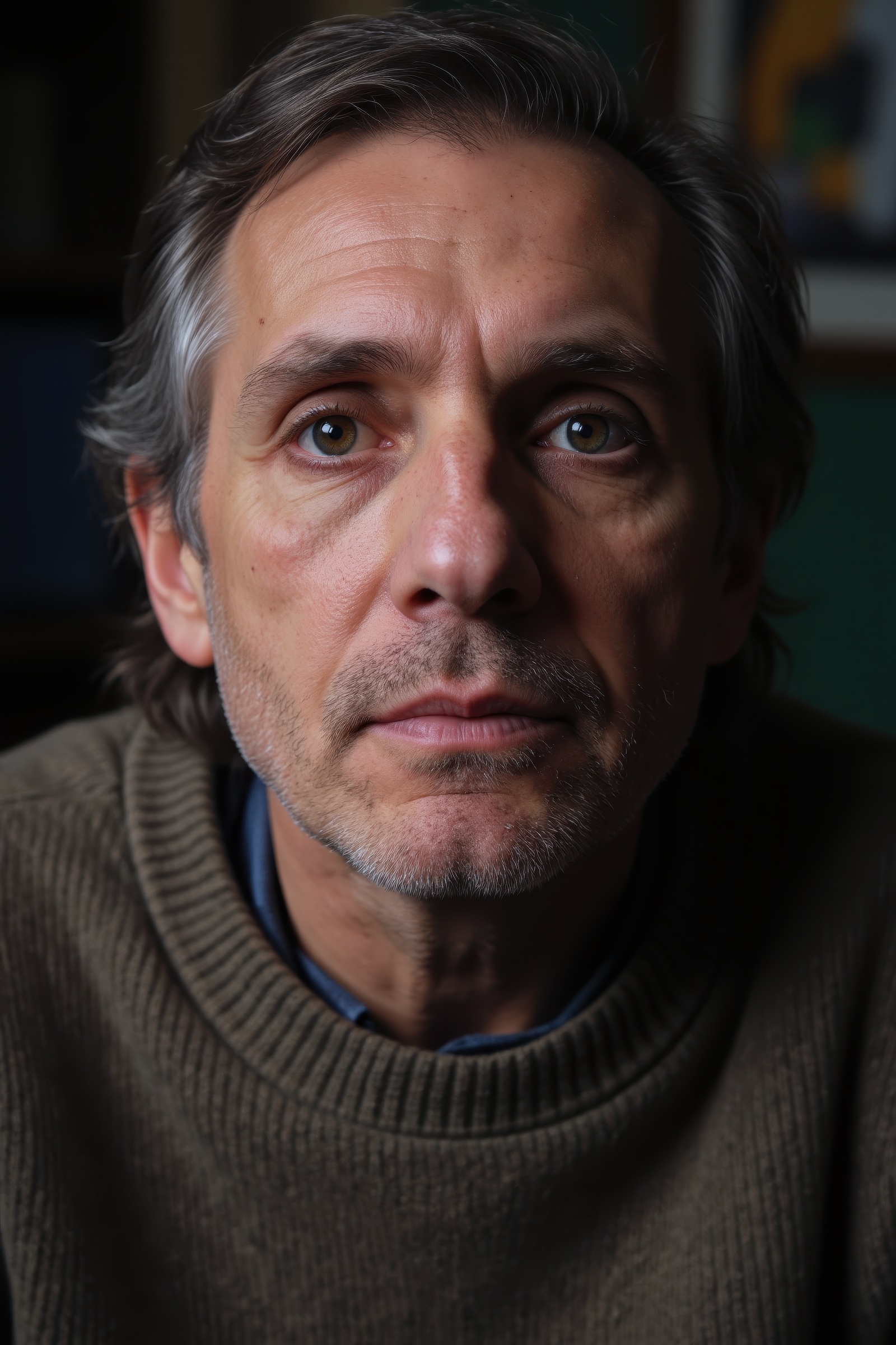 elderly man captured from the upper body up,  wearing a wool sweater,  staring directly at the viewer with soulful reflect...