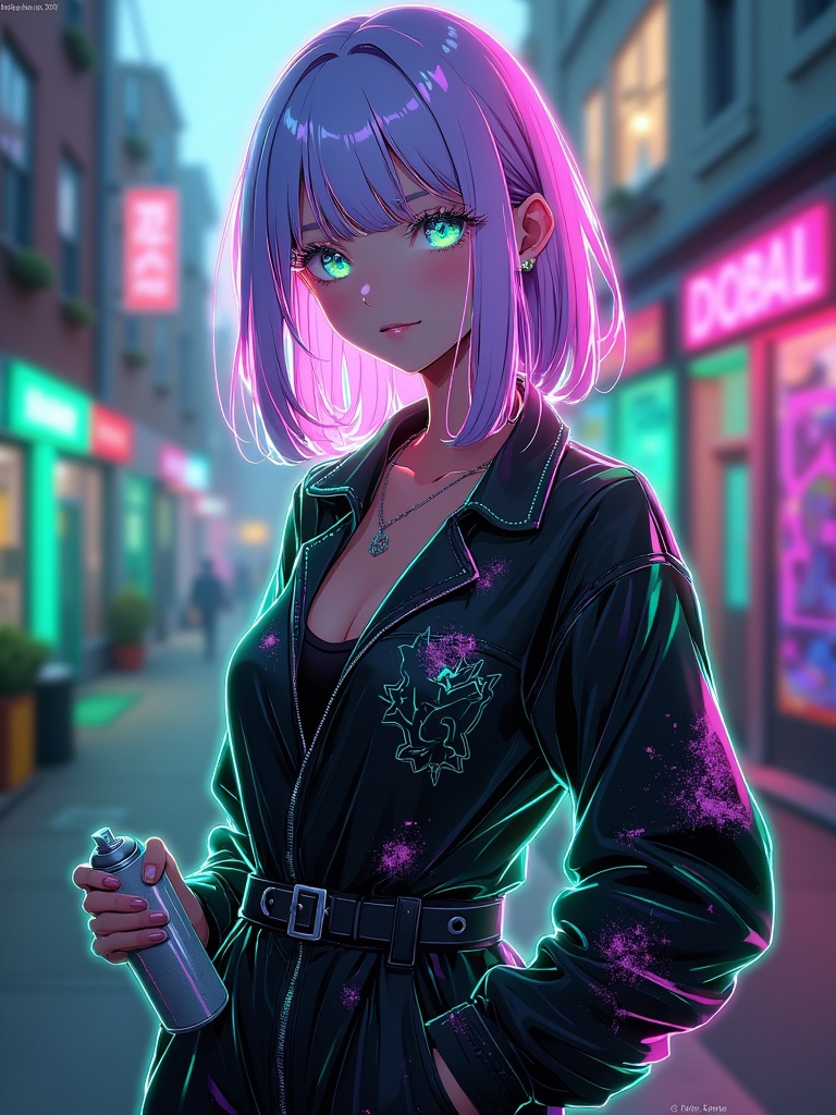 A confident city artist,  a slender female with shoulder-length lavender hair and bright green eyes. She wears a monochrom...