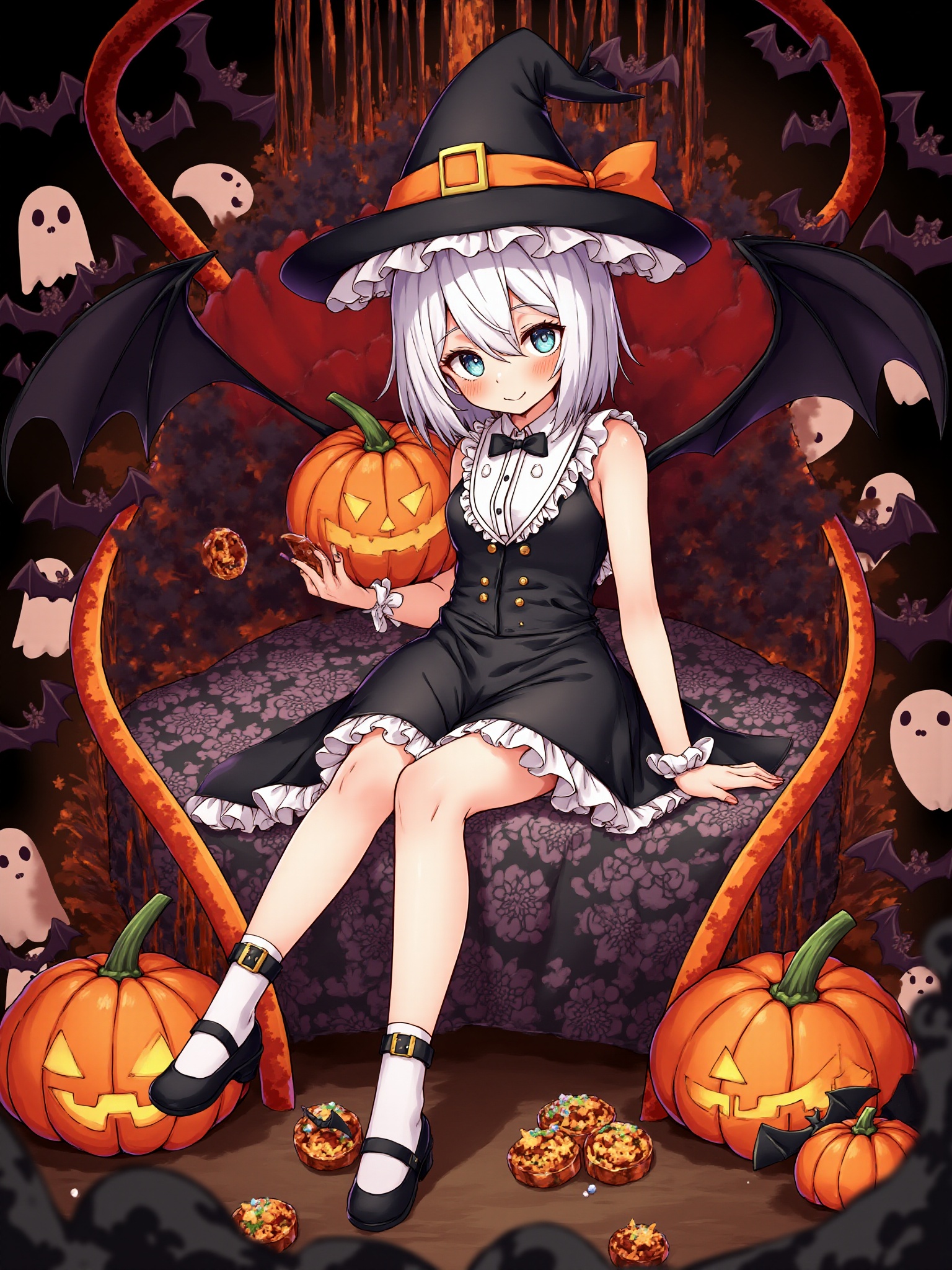1girl,small black bat wings, background filled with Halloween decorations, Halloween black bats, black background, pumpkin hat ornament, wings, short hair, animal print, candy, full body, jack-o'-lantern, food, grey eyes, socks, vampire, black footwear, white socks, bat print, ghost, shoe, white hair, happy halloween, solo, holding food, bat \(animal\), sittingmasterpiece the vampire's revenge is in the air, halloween costume, holding candy, pumpkin, holding, looking at viewer,newest, absurdres, safe<lora:小恶魔狂想曲:1>​​​