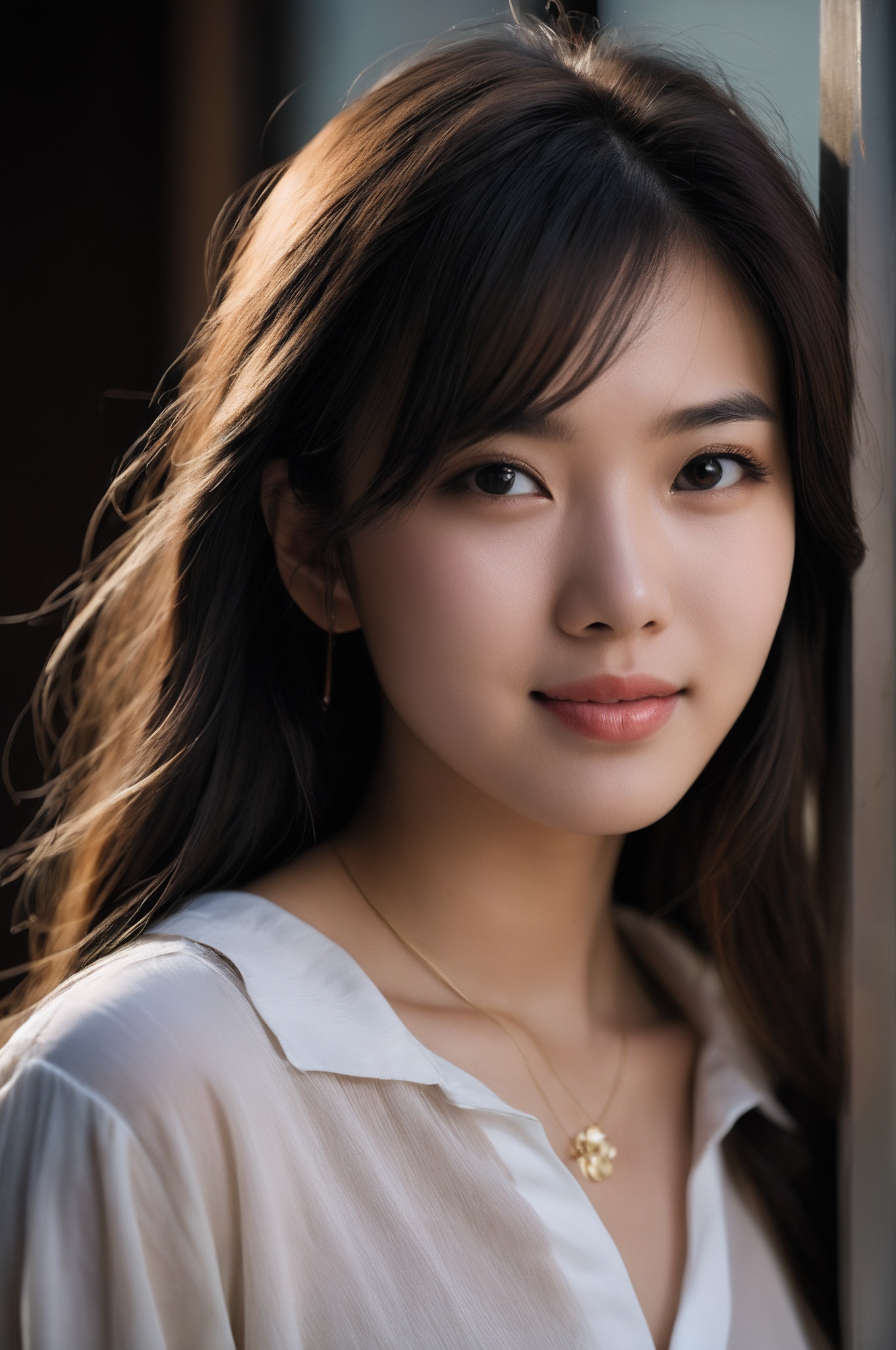 photographic of a cute Chinese girl for cgart mayfly\(model\) test. she is about 20 years old, up body, messy long brown hair, lip biting, seductive leaning forward, detailed skin, detailed face, evil smile, choker. BREAK, studio light, 35mm photograph, professional, shot with Leica M50 f/1.9
