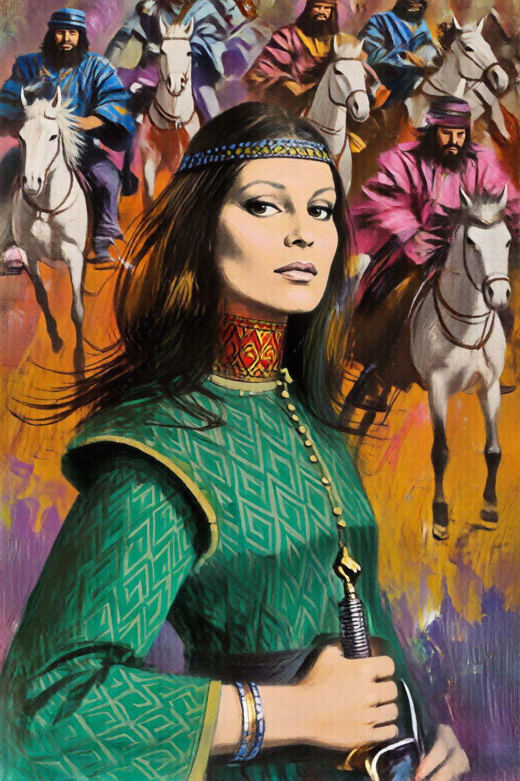 giannirenna2q illustration. A central figure is a Bedouin woman,  shown in side profile,  in elaborate on Tensor.Art