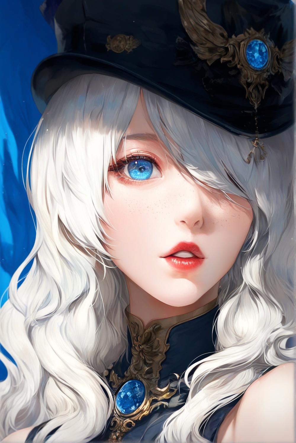 style_45,  a close-up portrait of a female figure with striking blue eyes. she wears a hat adorned with a unique emblem,...