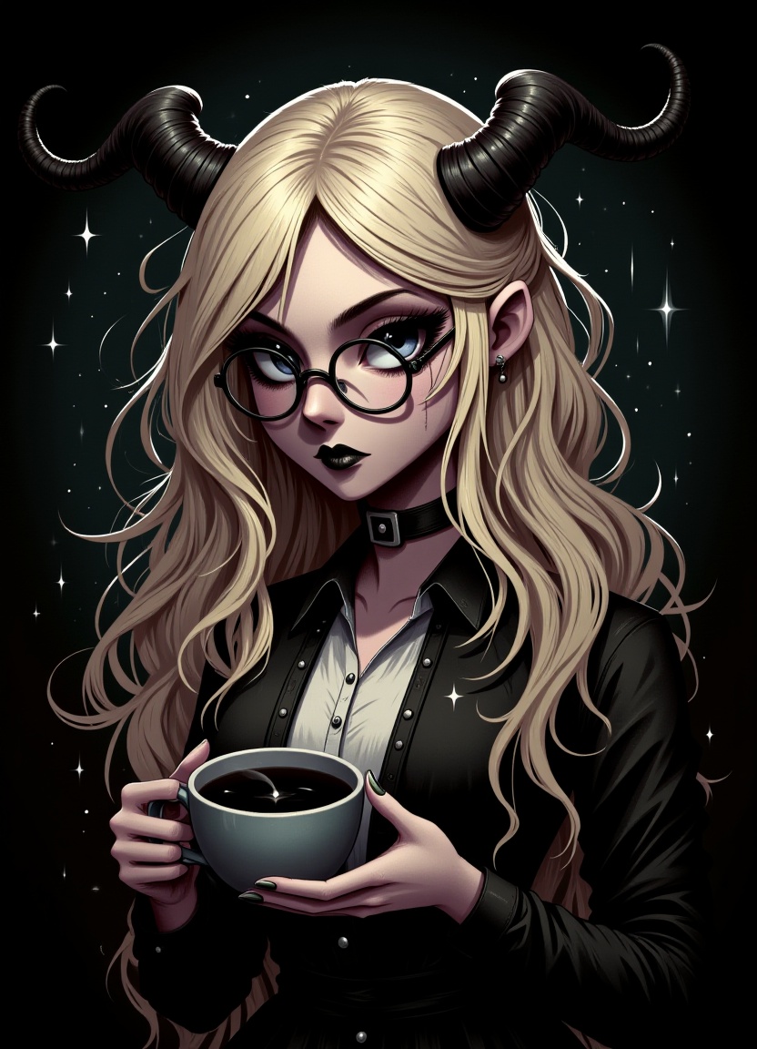 Young woman with a fitting expression standing in front of a dark background,  holding an empty coffee mug and having a wa...