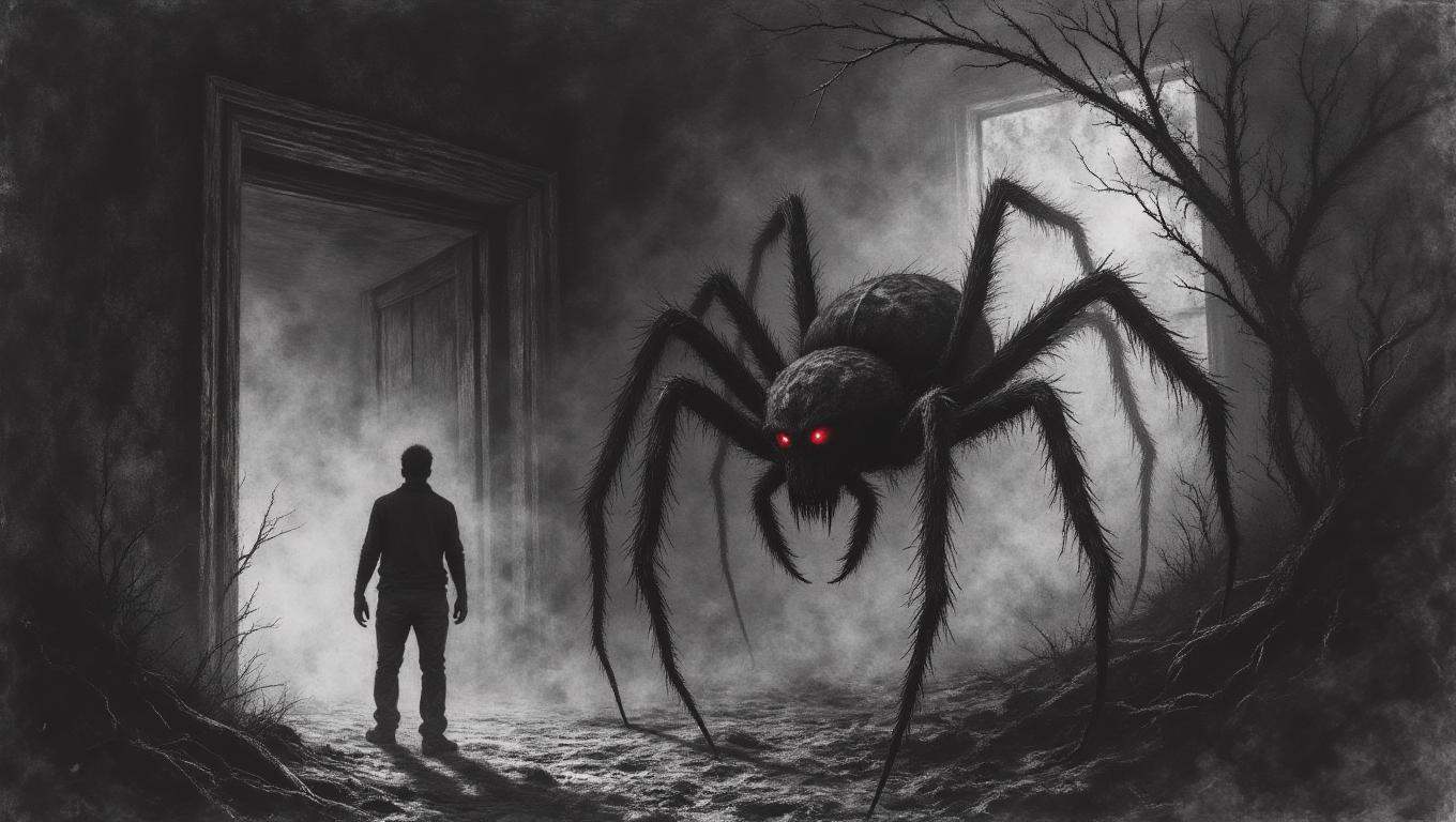A massive,  grotesque spider with hairy legs and multiple red eyes lurks in the shadows of an abandoned mansion. Its web,...