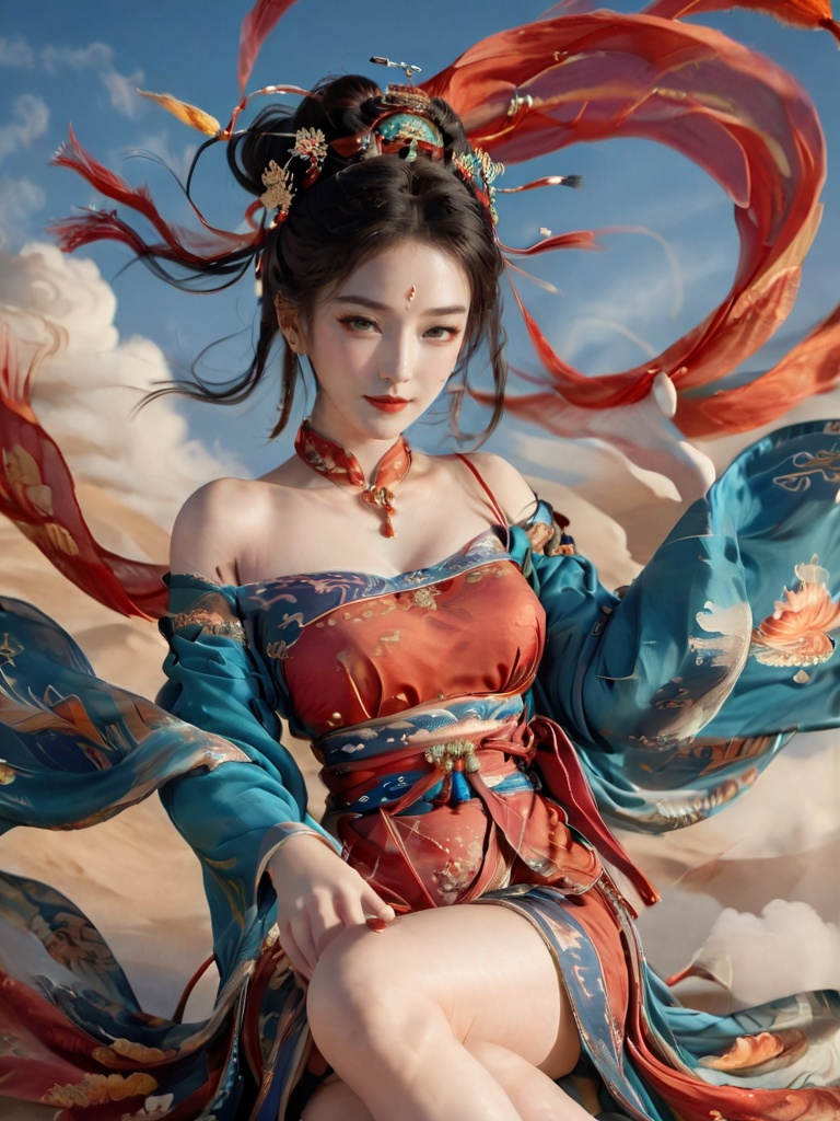 dunhuang, 1girl, jewelry, earrings, dress, solo, hair ornament, sitting, bare shoulders, red dress, chinese clothes, sash, black hair, looking at viewer, sky, red lips, off shoulder, hair bun, hands on lap, tassel, breasts, cloud, necklace, bare legs, realistic, collarbone, closed mouth, blue sky, single hair bun, makeup, smile,<lora:dunhuang-000008:0.8>,, best quality, ultra-detailed, masterpiece, finely detail, highres, 8k wallpaper