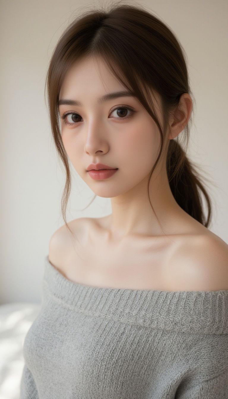 A young woman with fair skin and long,  straight brown hair styled in a loose ponytail with some strands framing her face....