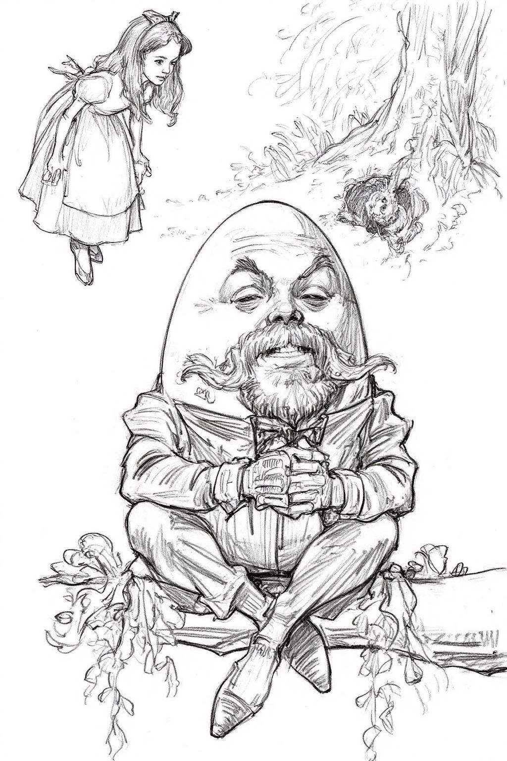 Pencil sketch.Humpty Dumpty,  a large egg-shaped character sitting on a branch in a ruffled outfit with a walrus mustache,...