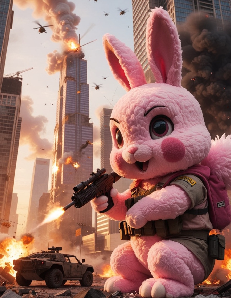 a big pink and fluffy rabbit plushie is destroying a city helicopters shooting at him,  explosions,  epic composition on T...
