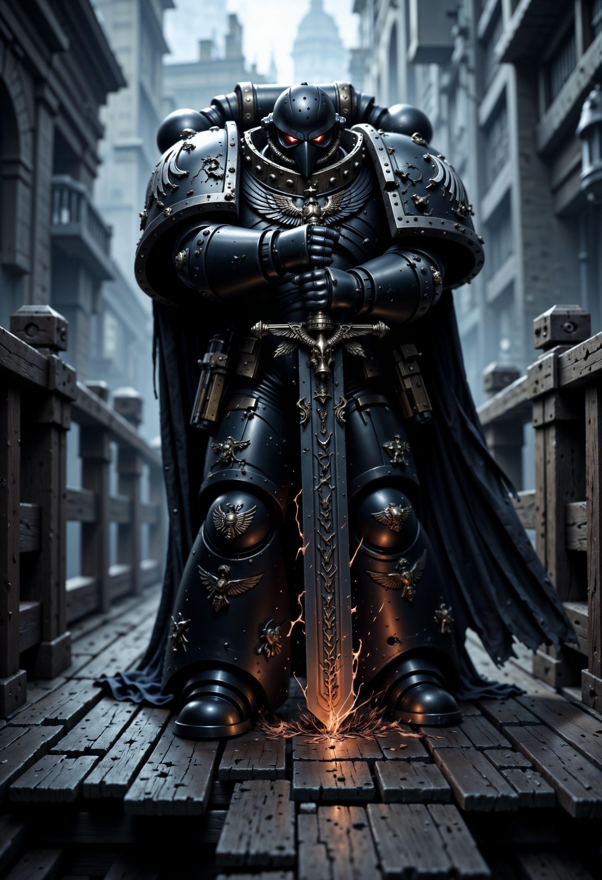 A Powerful RavenG40k space marine,  draped in tattered,  dark power armor that pulses with a faint on Tensor.Art