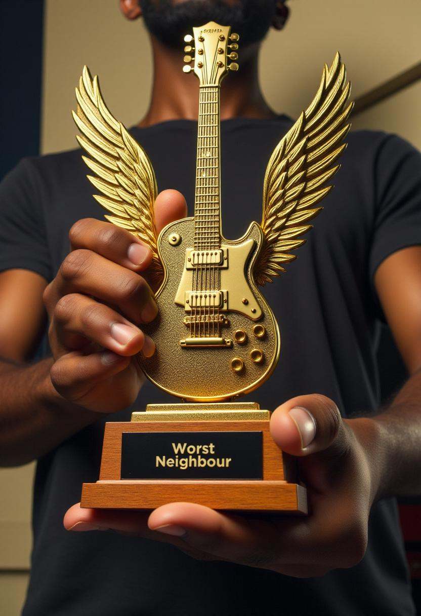 This is a high-resolution photograph featuring a person holding a golden electric guitar-shaped trophy with nameplate text...
