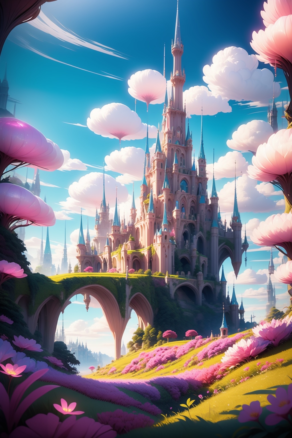 <lora:AgainWonderlandForest:1>,AgainWonderlandForest, fantasy, scenery, cloud, no humans, tree, flower, outdoors, sky, plant, nature, grass, glowing, starry sky, pink flower, leaf, forest, grassland, castle, bridge, building, tower, blue sky, cloudy sky, landscape, city, arch, grass, cityscape, floating island, plant, nature, glowing beetle