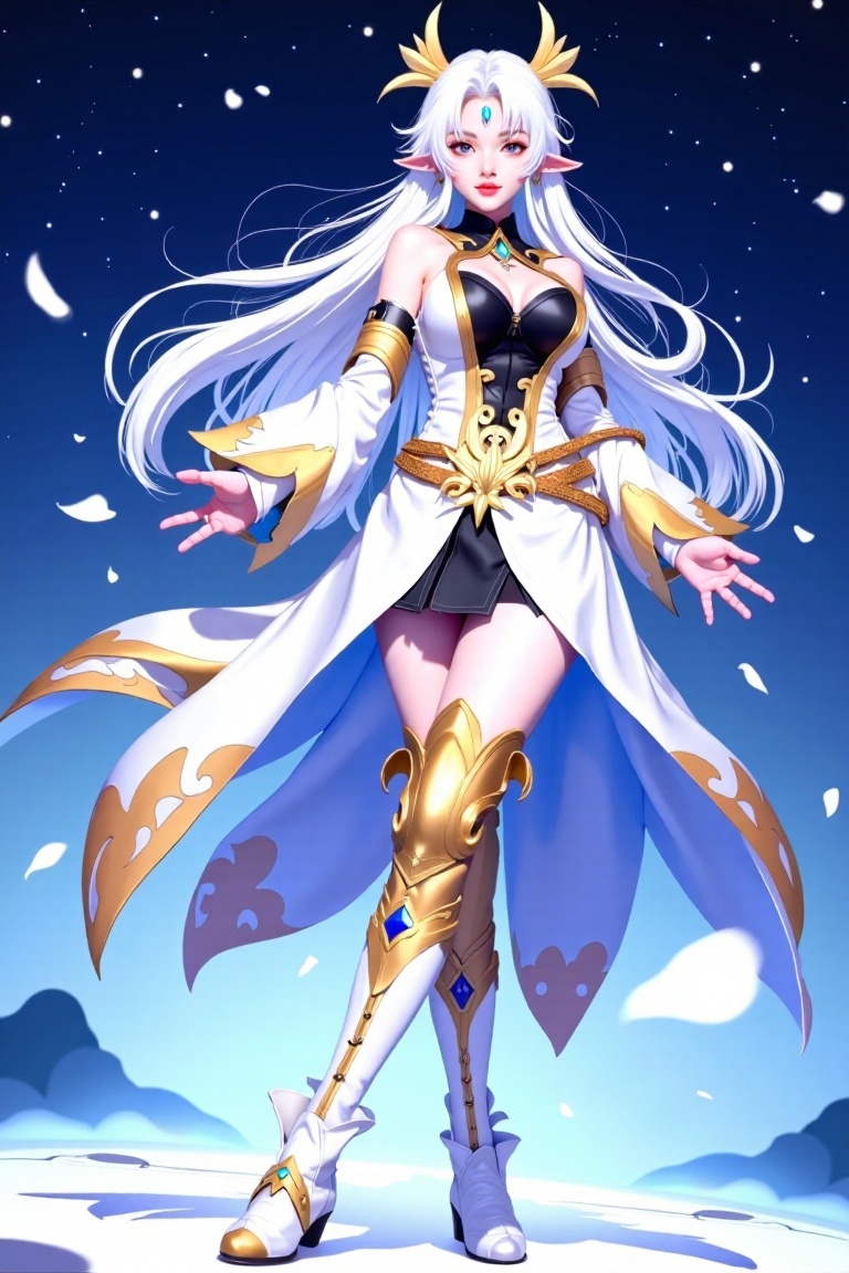 a medium-sized animated female warrior is depicted in a stark contrast of white, blue and gold. Her white hair is cascading over her shoulders, adding a touch of warmth to the scene. She's dressed in a flowing white and gold costume, adorned with a black bra and a gold belt. Her boots are adorned with gold accents, adding depth to the composition. The backdrop is a deep blue, with white stars dotting the sky.,<lora:models/4074/6cec3ed1-09.safetensors:0.8:0.8>