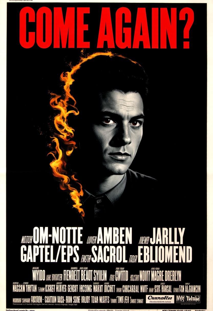 a movie poster about a detective noir film,  Bold Title at the top "Come Again?" there is a black and white image of a man...