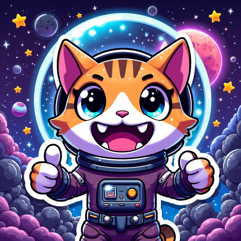 Sticker,  A vibrant,  playful cat giving a thumbs up on Tensor.Art