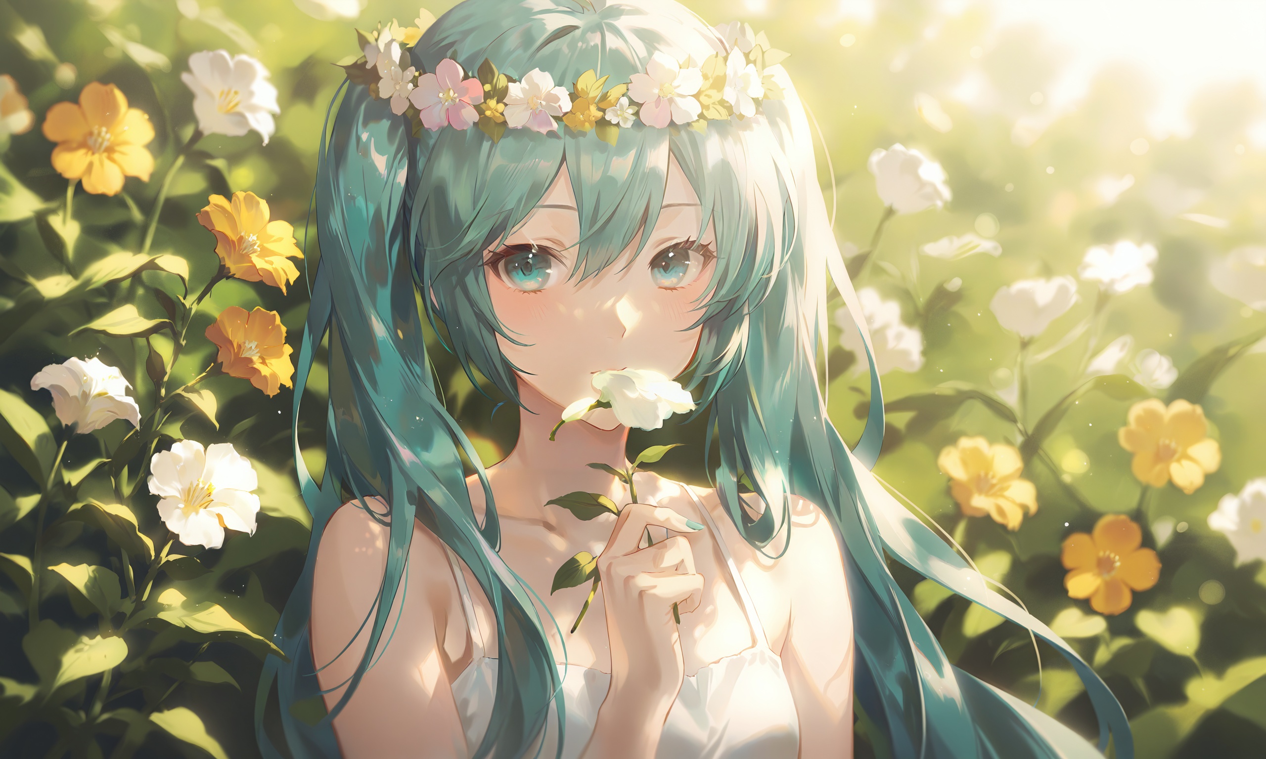 solo, 1girl, head wreath, long hair, hatsune miku, upper body, flower, holding, blurry, holding flower very aesthetic, masterpiece, absurdres
