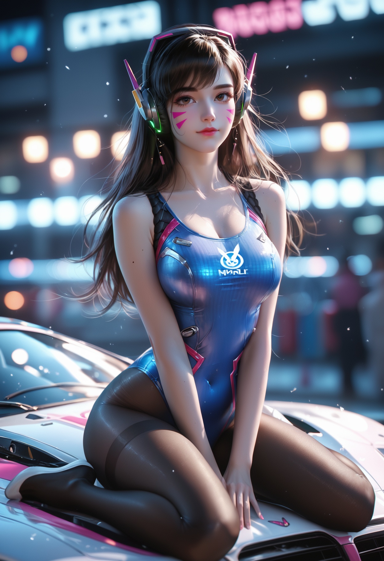 score_9,score_8_up,score_7_up,score_6_up,highres,night,aesthetic,blush,(large breasts,big ass,large thigh,thigh gap,large hips,thin waist),k-pop idol,miss korea,korean beauty,masterpiece,raw,realistic,high-resolution,(detailed),(photograpy),(photorealistic),(full_body:1.2),hands between legs,XUER gufeng,1girl,long hair,d.va (overwatch),new_school_swimsuit,pantyhose,brown hair,facial mark,whisker markings,seductive smile,large breasts,headphones,depth of field,wide_shot,<lora:绪儿古风XUER gufeng:0.6>,