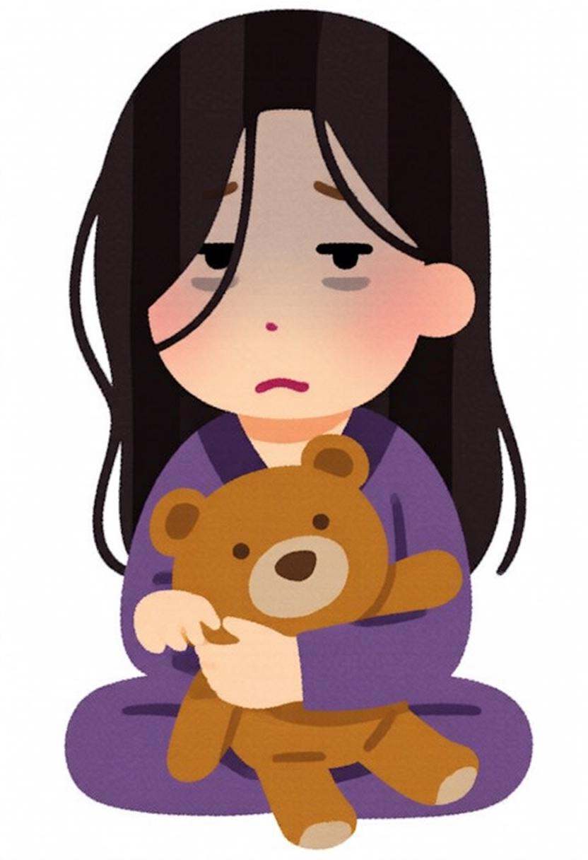 irasutoya3q illustration.A sad girl with long hair and droopy,  tired eyes. She wears a purple outfit and holds a brown te...