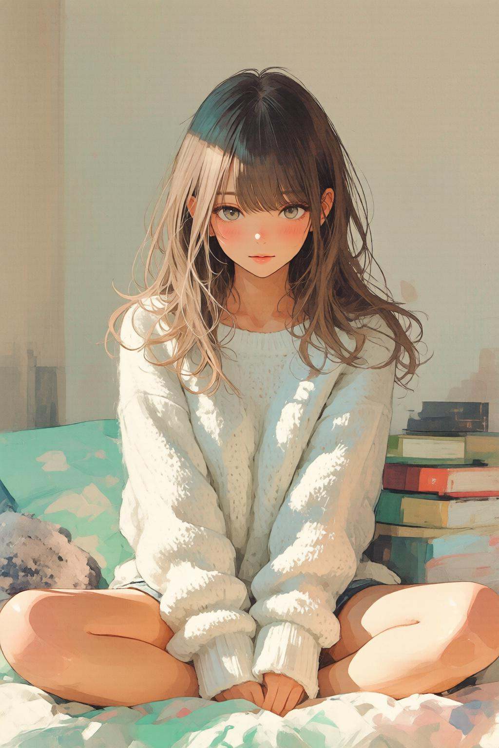 nijiwatercolor1q anime illustration.A young woman is sitting cross-legged on a bed. She is wearing a large,  white,  knitt...