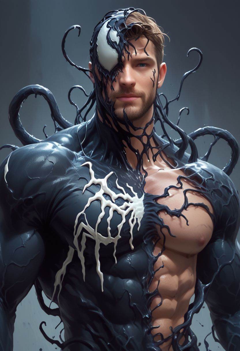 score_9, score_8_up, score_7_up, score_6_up, score_5_up, venom_assimilation, dehumanization, transformation, close up, venom, 1boy, athletic, huge penis, covered in tentacles, claw grabbing his head, beard, black liquid wrapped around face, muscular, male focus, absorption, merging