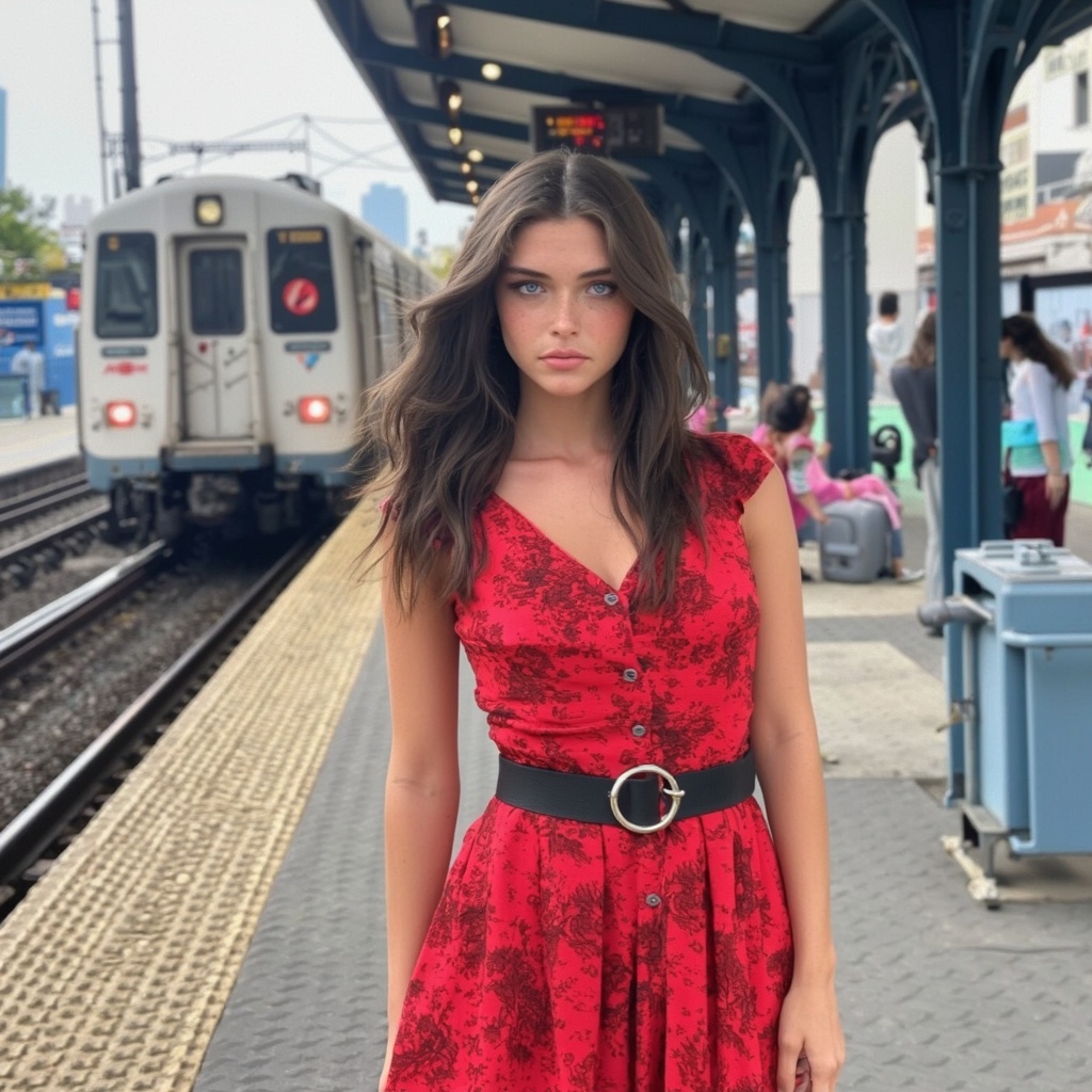 A portrait of sydney_melman standing at a train station platform. She wears a vibrant red dress with lace detailing and a black belt with a circular buckle. Her long, wavy brown hair flows down her shoulders. She stares directly at the camera with a neutral expression. The background shows a train on the tracks, a city skyline, and a few people waiting for the train. The image style is candid and natural, capturing a moment of stillness.