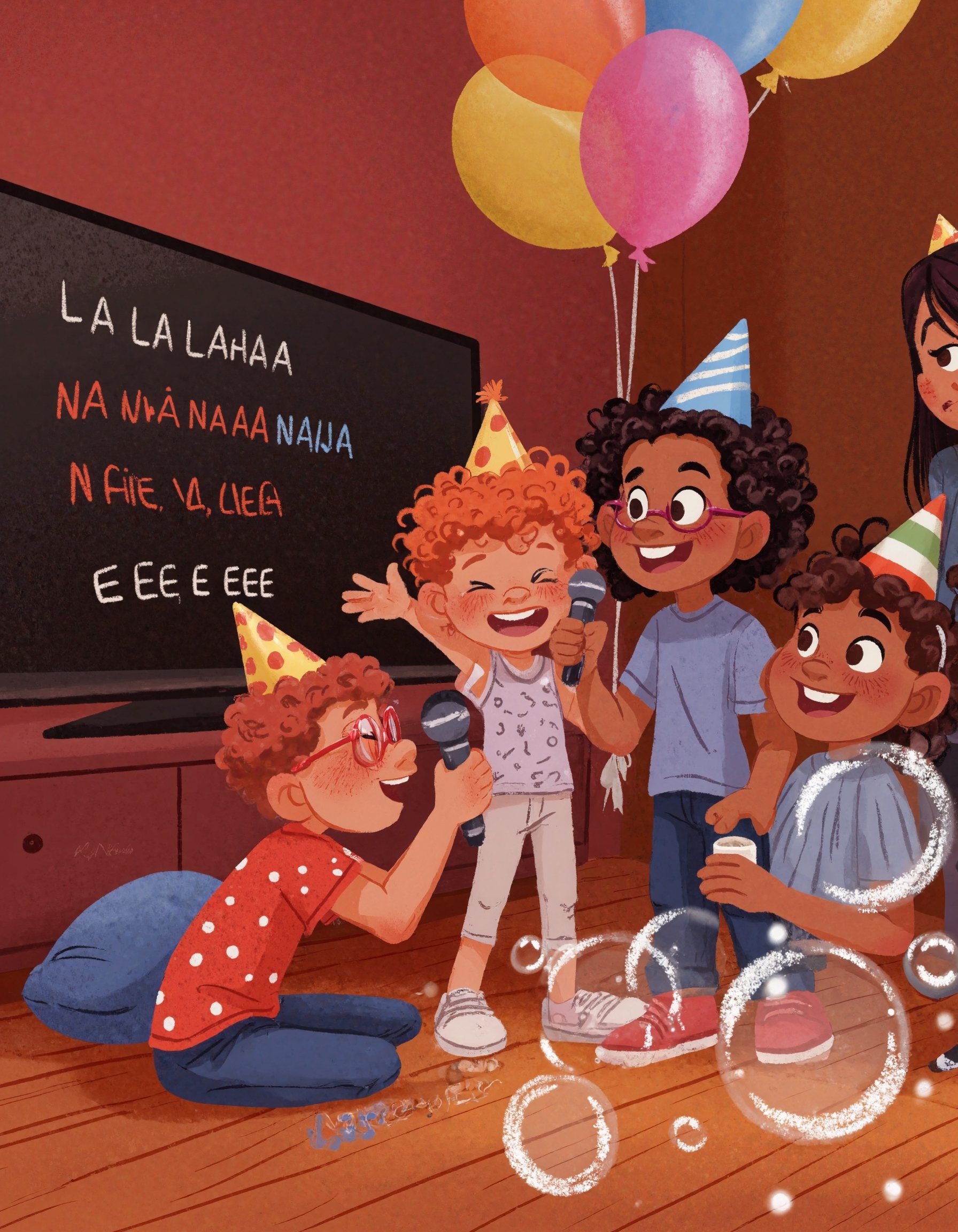 This is a high-quality,  digital illustration depicting a joyful birthday party scene. The image features three children w...