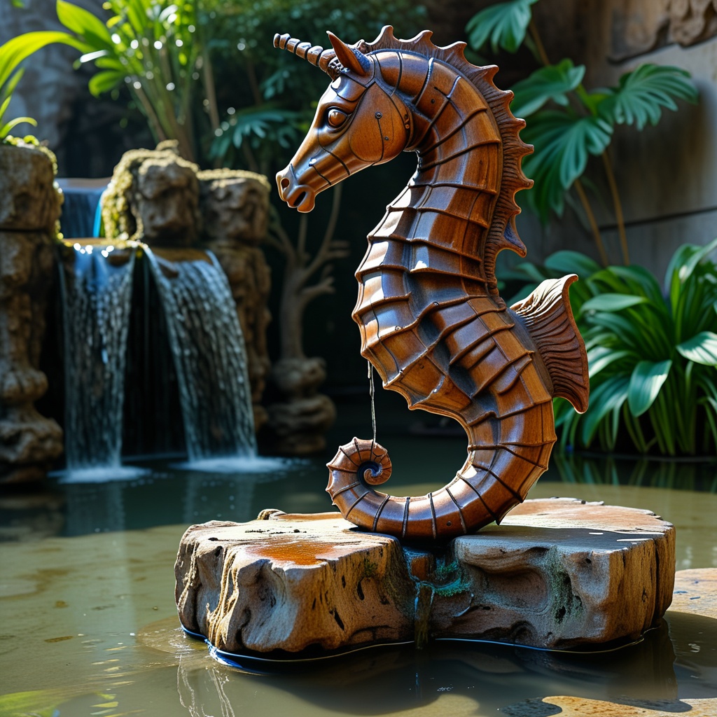 made of wood,  a seahorse statue,  antique statue on Tensor.Art