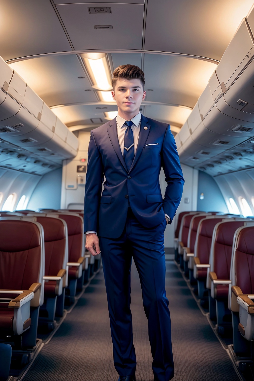 aisle of an airplane,  DrakeVon is a (male flight attendant),  dressed in male flight attendant uniform on Tensor.Art