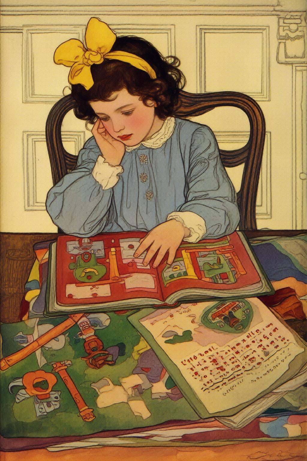 elizabethshippengreen2q illustration.A child with curly dark hair adorned with a large yellow bow,  seated at a wooden tab...