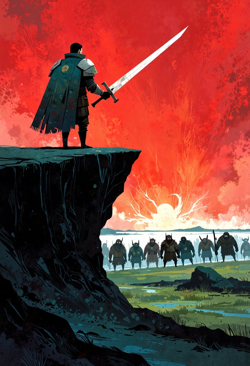 ppstorybook,  A heroic knight standing on a rocky cliff,  gazing at an approaching army of orcs under a blood-red sky on T...