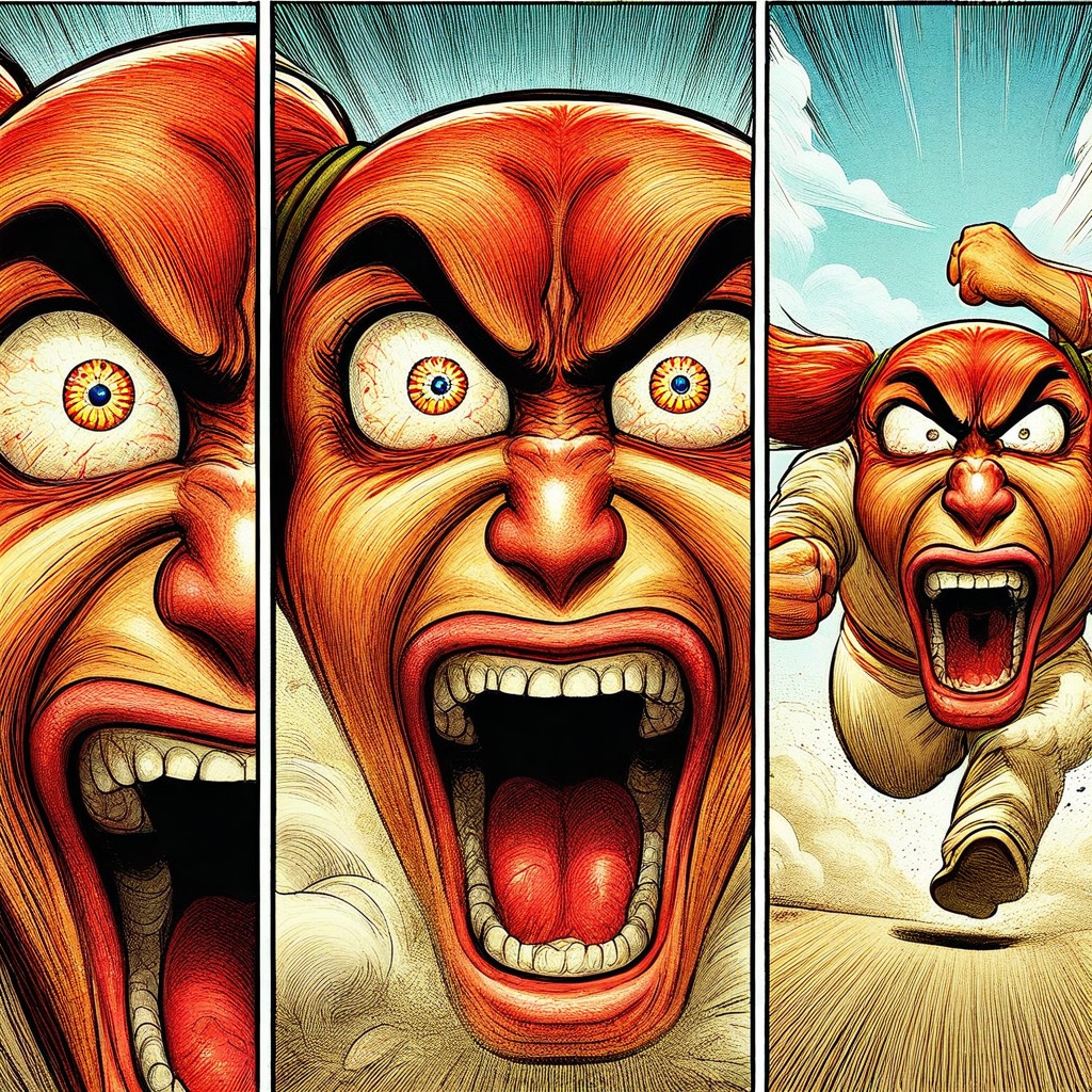 bokkemon,  3 evenly width panels,  intense expressions of bloodshot eyes on Tensor.Art