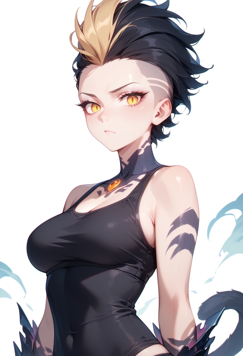 score_9,score_8_up,score_7_up,score_6_up,solo,upset,tankini,mohawk,mystic caverns,phosphorescent fungi,echoing whispers,secrets hidden in the depths,blonde,monster girl,cat girl,cat tail,long eyelashes,black hair,slit pupils,short hair,yellow eyes,large breasts,