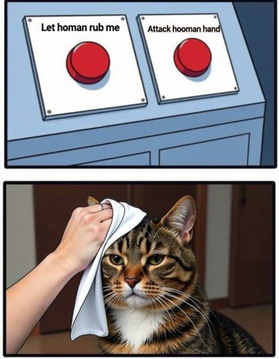 A high-resolution photo of a cat and two buttons taken in candid style in twobuttonsmeme style.Top panel: Two buttons,  la...