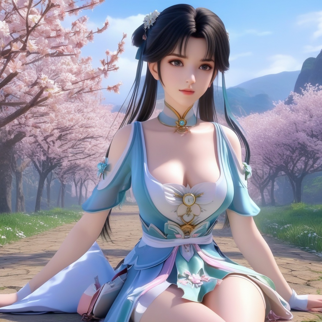 <lora:834-DA-XL-诛仙-碧瑶:0.8>, (,1girl, ,best quality, ),,  ,ultra realistic 8k cg,, ,masterpiece, (( , )),, ,   ,   cure blossom,  ,,  (cleavage),,  (), ,(sit),
