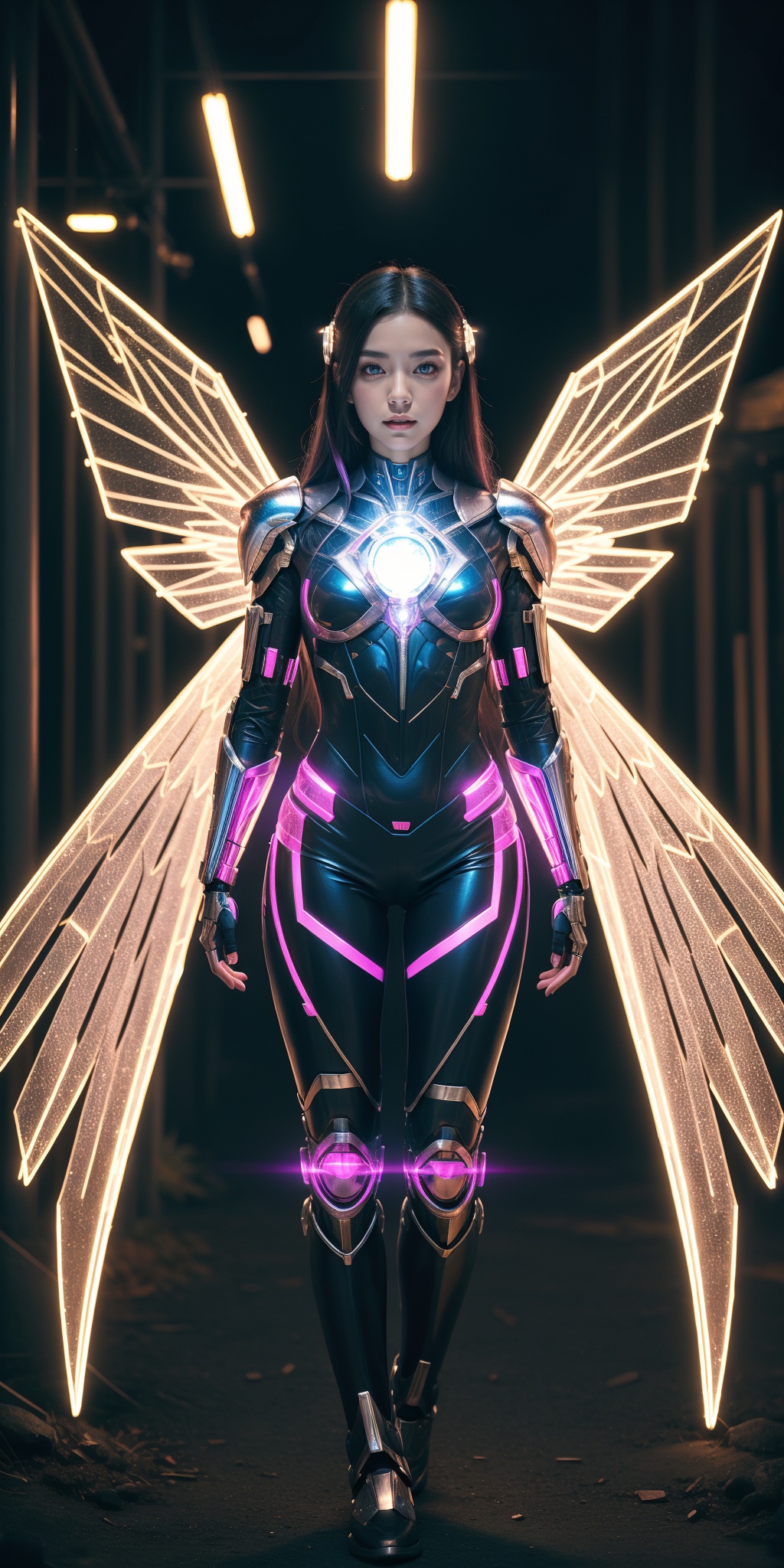 1girl, cyborg, (gem cyber:1.2), solo, armored, bodysuit, glowing, wings, outdoors, thighs, gem, gradient