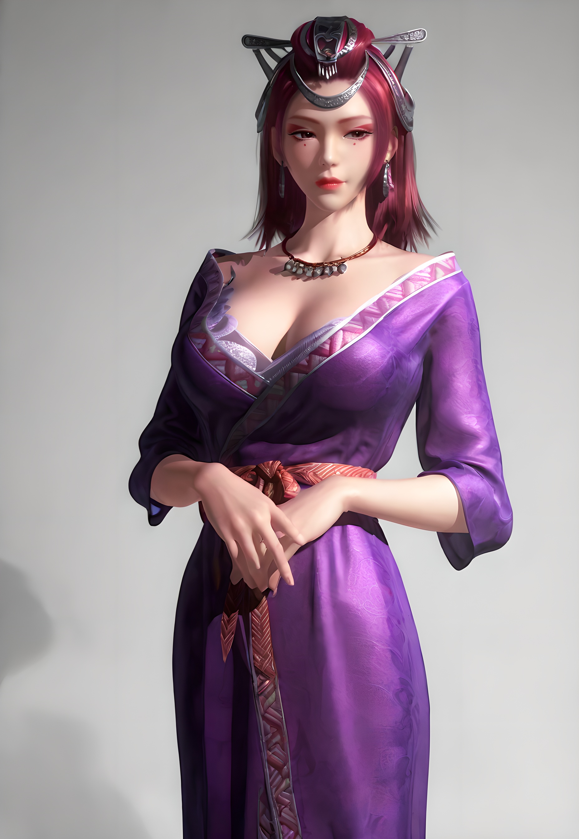 score_9,score_8_up,score_7_up,<lora:SF_TianMi_Pony-000004:0.7>,1girl,solo,standing,purple dress,breasts,large breasts,red lips,jewelry,hair ornament,earring,looking at viewer,white background,