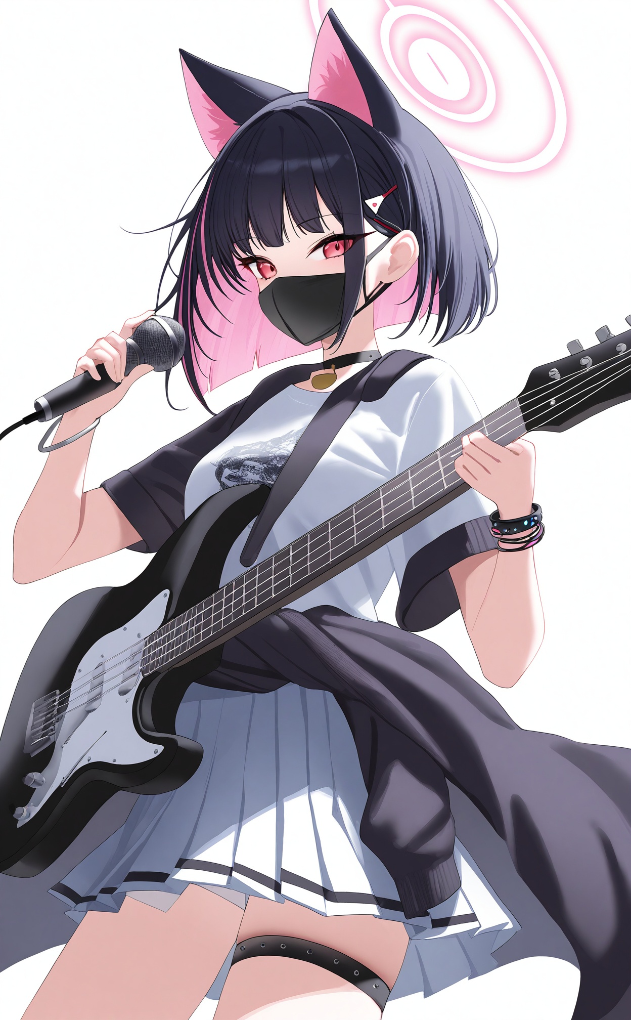 masterpiece,best quality,high quality,(colorful),artist esseppd, 1girl, kazusa \(blue archive\), white skirt, solo, instrument, black hair, skirt, halo, microphone, animal ears, shirt, extra ears, clothes around waist, mask, guitar, white shirt, mouth mask, holding, colored inner hair, pleated skirt, pink hair, cat ears, short hair, multicolored hair, jacket around waist, short sleeves, choker, looking at viewer, electric guitar, red eyes, jewelry, thigh strap, black choker, holding instrument, white background, open mouth, pink halo, holding microphone, hair ornament, smile, black mask, bracelet, simple background, hairclip, jacket, alternate costume, two-tone hair, black jacket