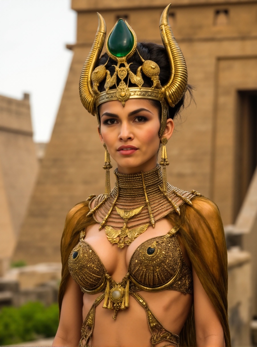This is a high-resolution photograph of a woman with a dark complexion,  dressed in elaborate ancient Egyptian attire. She...